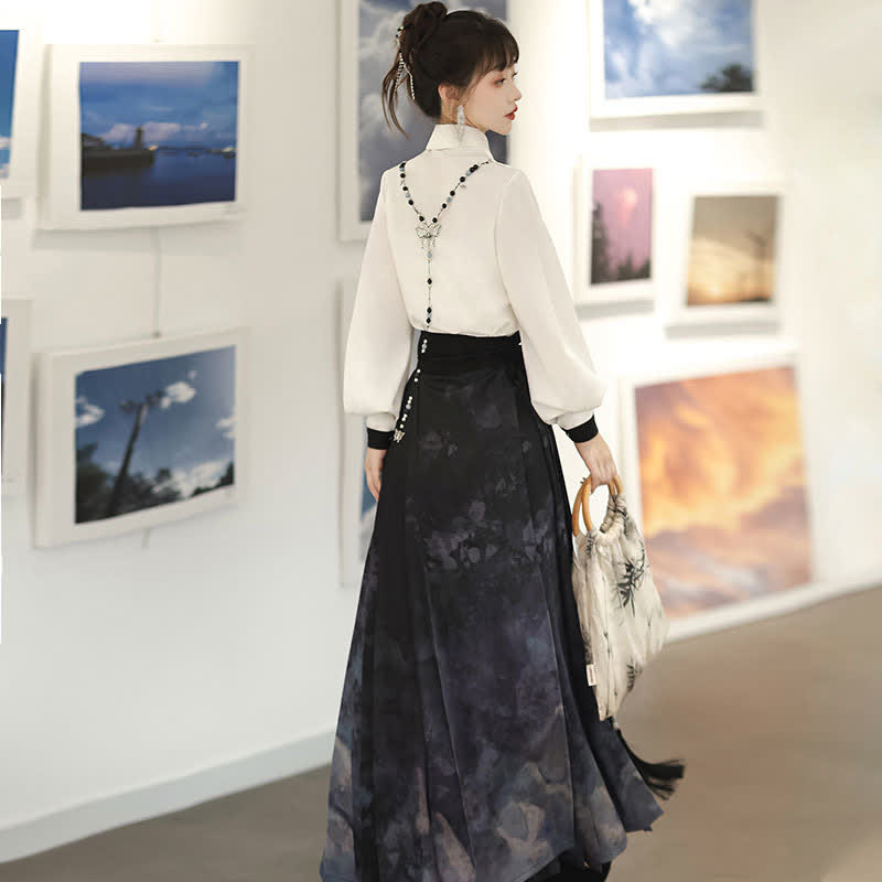 Elegant Bamboo Ink Painting Shirt Lace Up Pleated Skirt modakawa