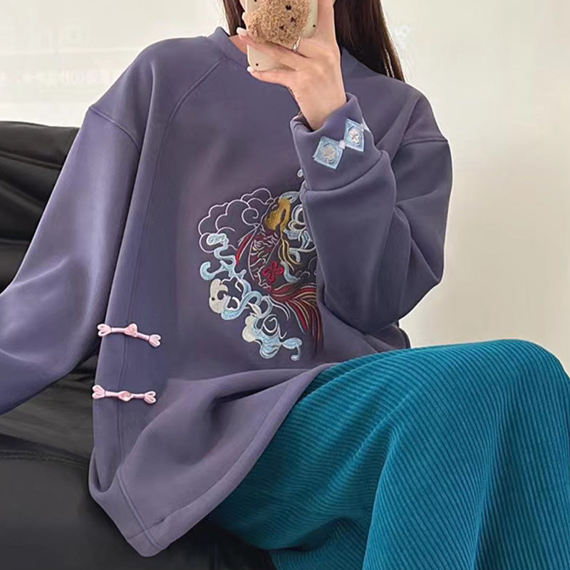 Charming Koi Fish Embroidery Round Collar Sweatshirt Modakawa