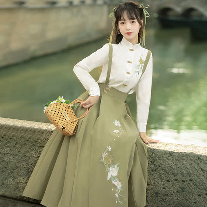 Buckle Floral Embroidery Green Dress Set modakawa