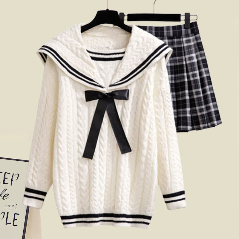 Sweet Sailor Collar Sweater Lattice Pleated Skirt Set Modakawa