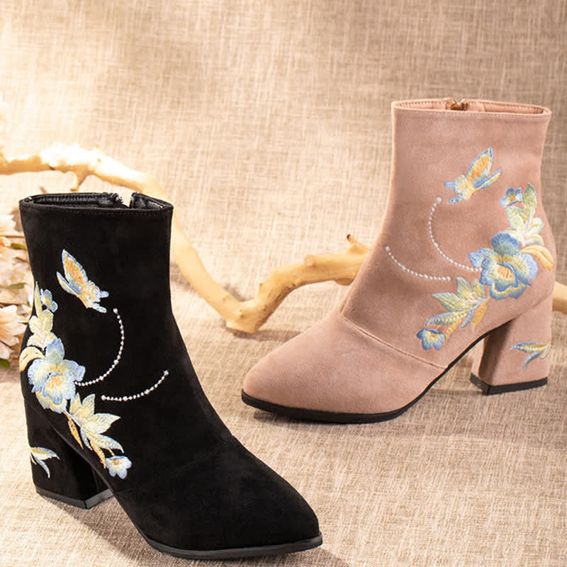 Vintage Blossom Embroidery Zipper Boots modakawa