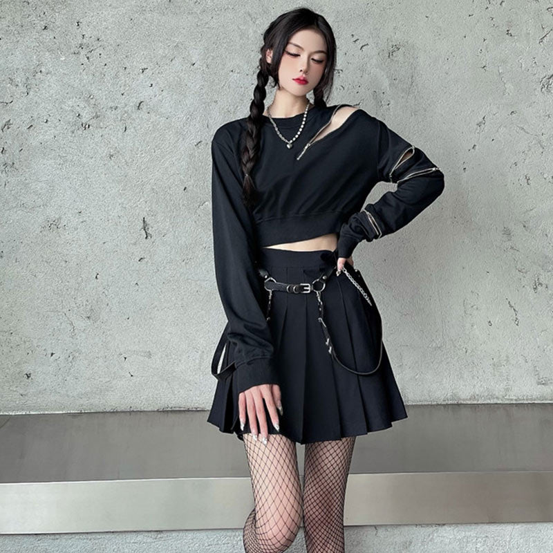 Y2K Zipper Short Sweatshirt Waistband Pleated Skirt Set Modakawa