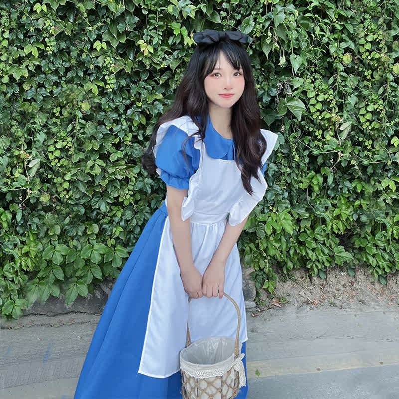 Lolita Blue Lapel Ruffled Maid Long Dress Modakawa