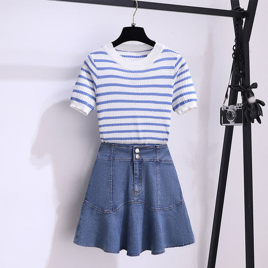 Blue Stripe Knitted T-Shirt High Waist Denim Skirt modakawa