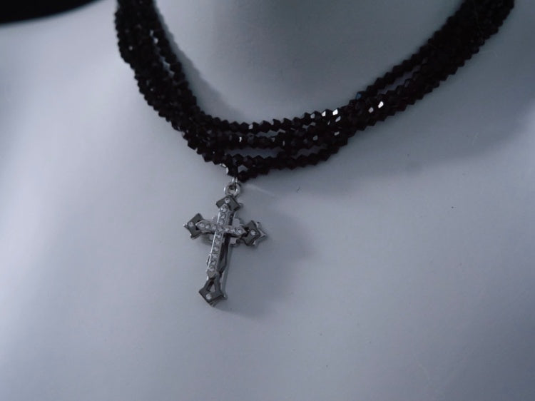 Silver Cross Pendant Black Multi Layers Necklace mySite