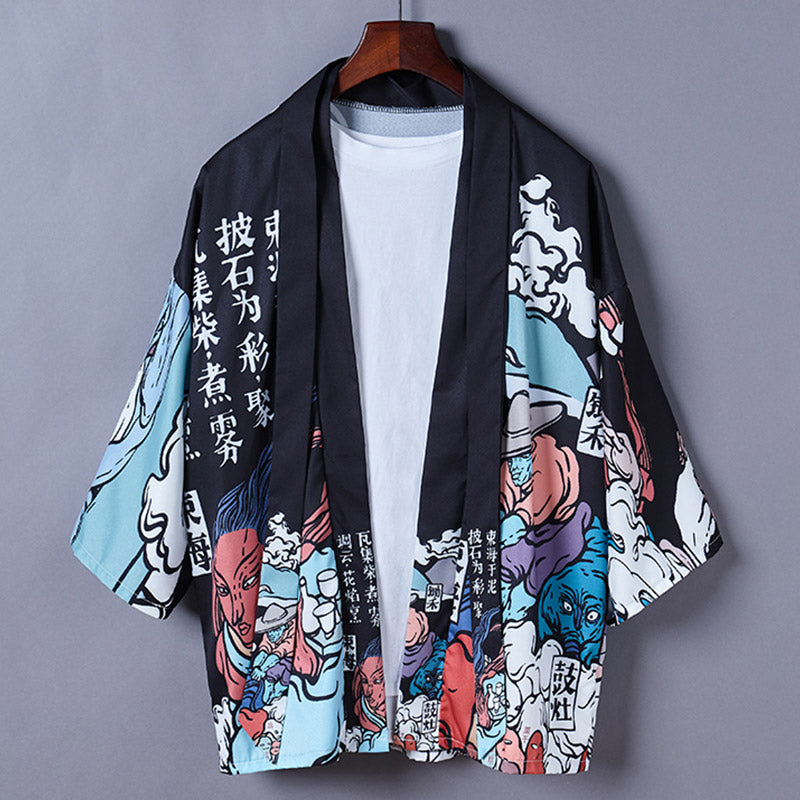 Cartoon Fire Print Casual Vintage Kimono Outerwear Modakawa