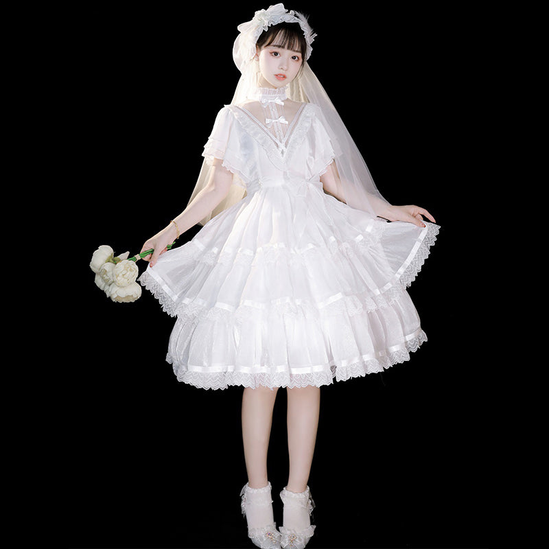 Elegant High Collar Lace Bow Knot Lolita Dress modakawa