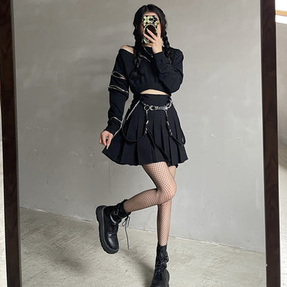 Y2K Zipper Short Sweatshirt Waistband Pleated Skirt Set Modakawa