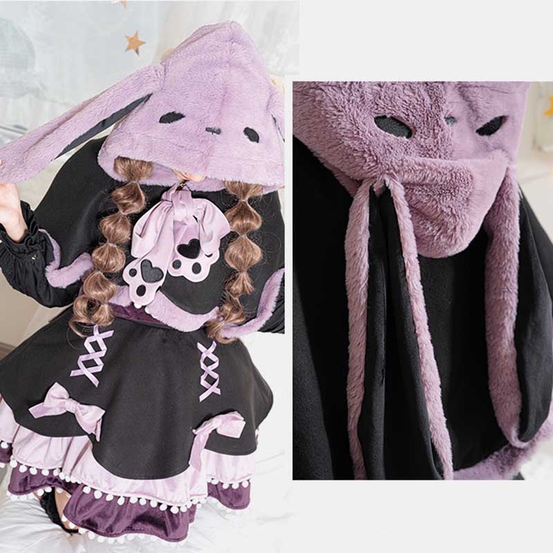 Purple Long Bunny Ears Hooded Bowknot Plush Short Cape modakawa