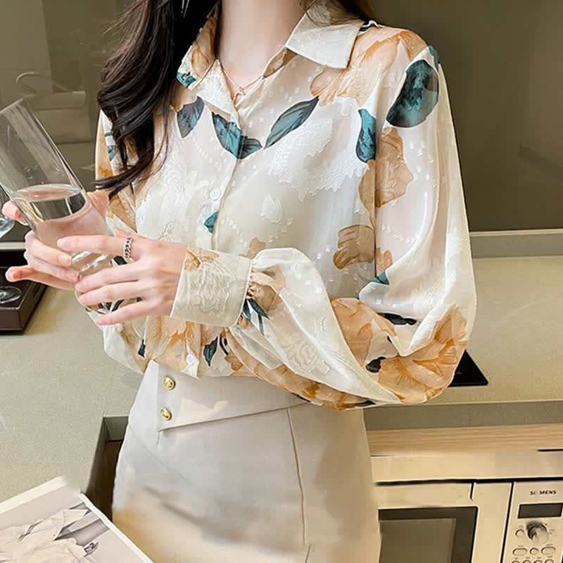 Sweet Floral Puff Sleeve Lapel Chiffon Shirt modakawa