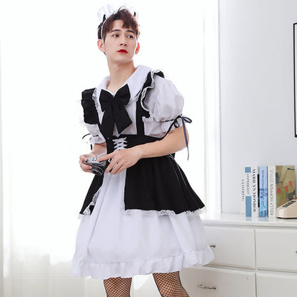 Neutral Lace Up Ruffled Maid Dress With Bow Tie Modakawa