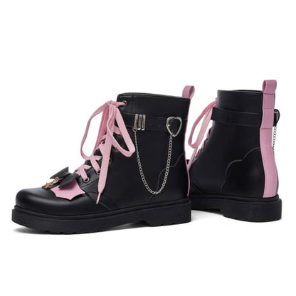 Pink Bow Knot Chain Lace-up Front Boots Modakawa