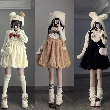 Lolita Bowknot Plush Overalls Puff Sleeve Lace Shirt modakawa