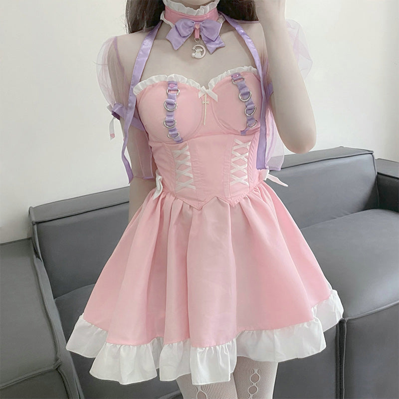 Pink Lace Up Lolita Maid Dress Set Modakawa