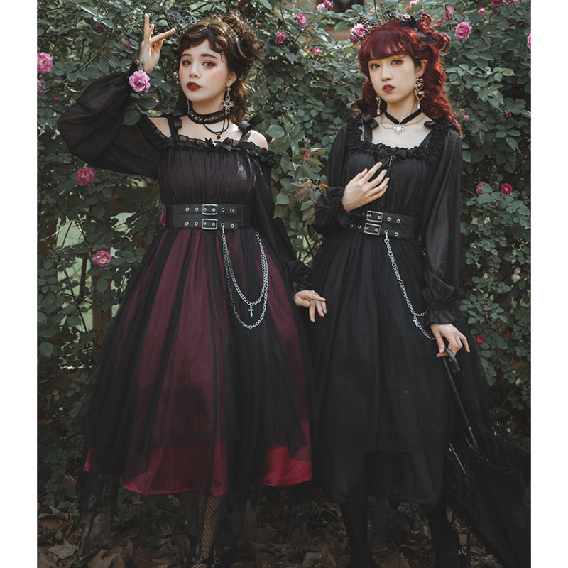 Black Chain Belt Long Sleeve Slip Lolita Dress modakawa