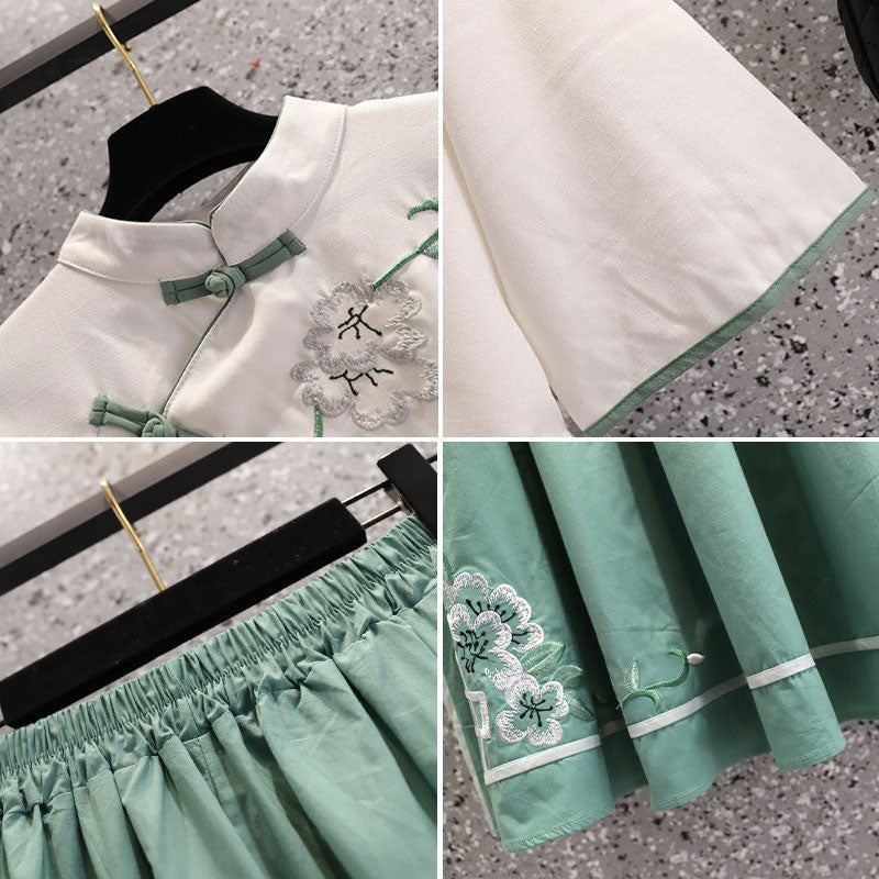 Green Blossom Print Vintage Top Skirt Set Modakawa