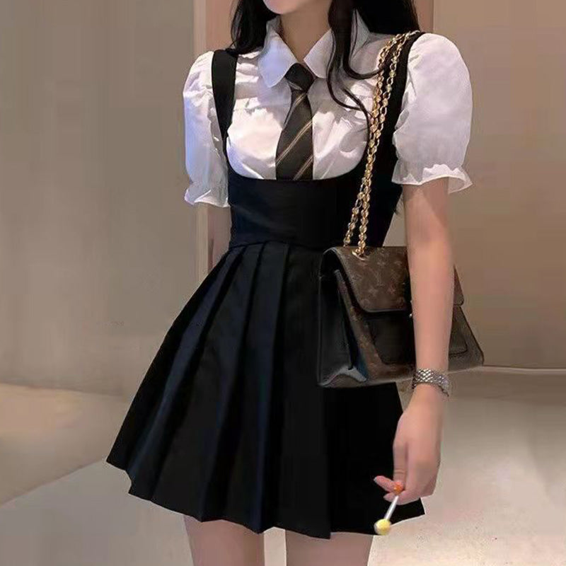 Kawaii Puff Sleeve T-Shirt Tie Pleated Suspender Skirt Set Modakawa