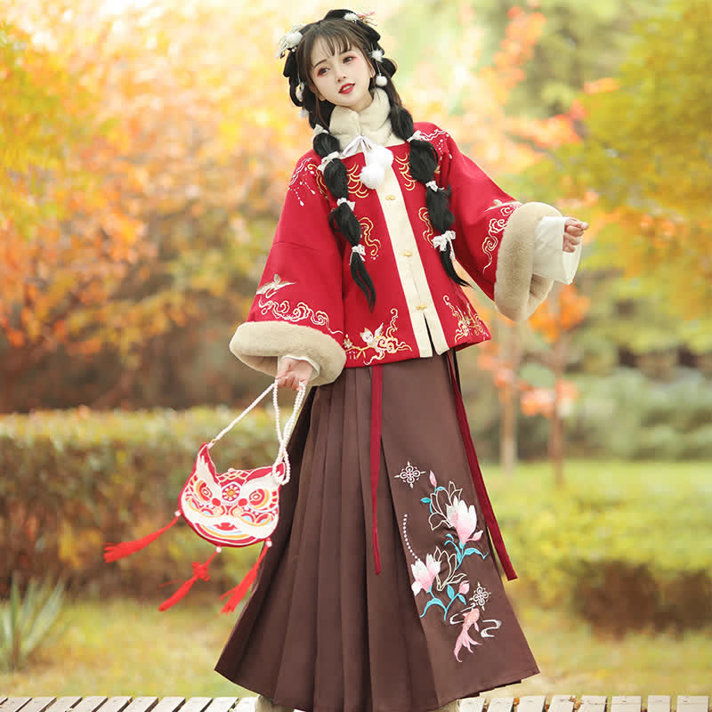 Vintage Floral Embroideried Coat Pleated Skirt Set modakawa