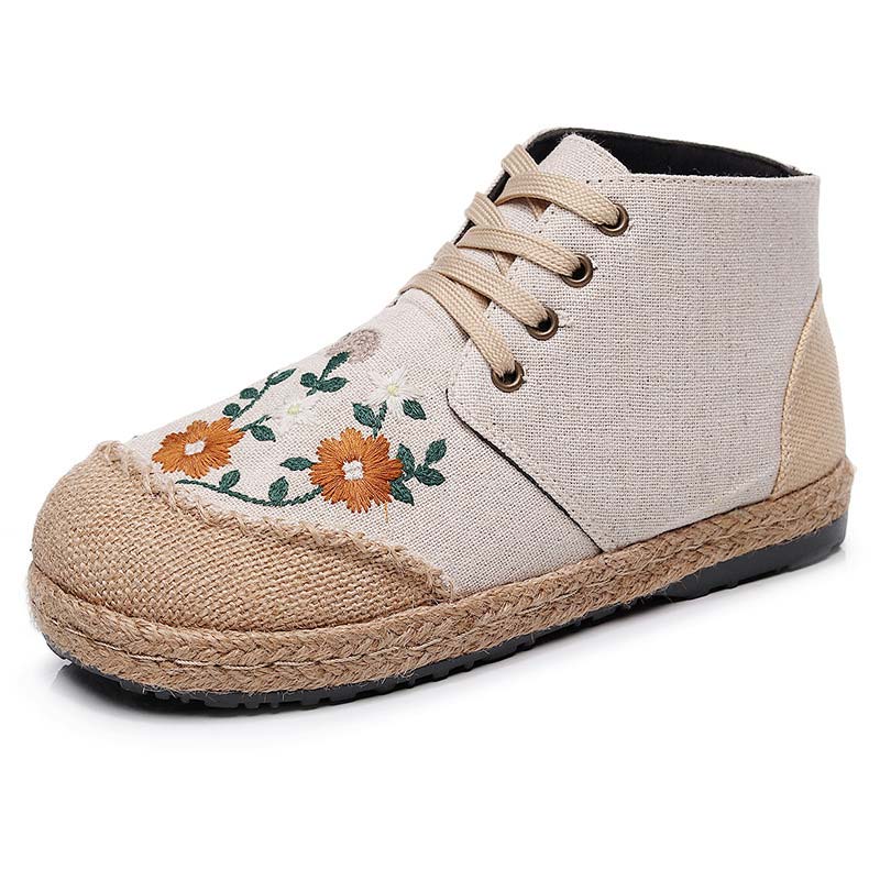 Elegant Embroidery Floral Lace up Canvas Boots Modakawa