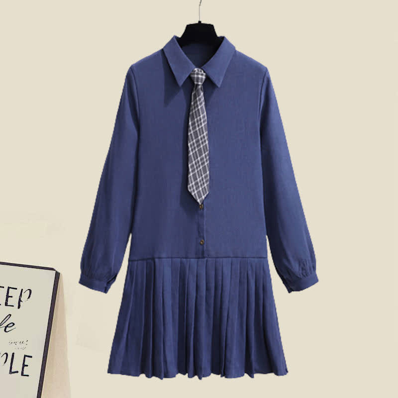 Lapel Tie Pleated Shirt Dress Rhombus Print Vest Set modakawa