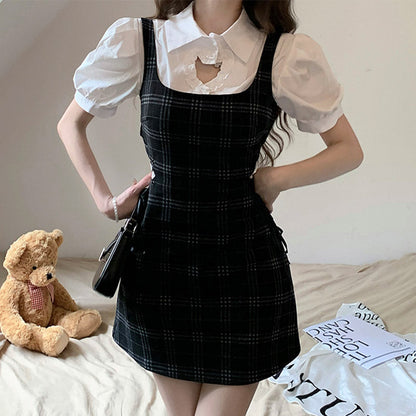 Love Heart Hollow Out T-Shirt Lace Up Plaid Dress Set Modakawa