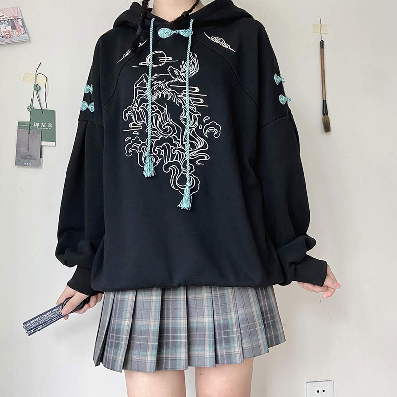 Couple Deer Embroidery Loose Hoodie Dress Modakawa