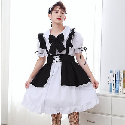 Neutral Lace Up Ruffled Maid Dress With Bow Tie Modakawa