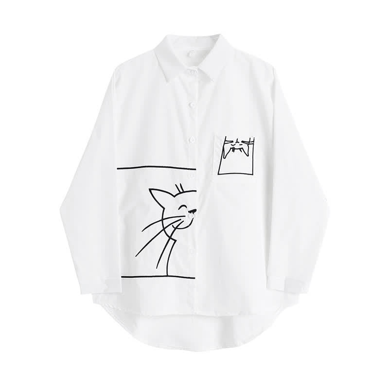 Cartoon Kitty Embroidery Pocket Loose Polo Shirt modakawa