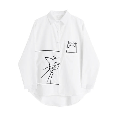 Cartoon Kitty Embroidery Pocket Loose Polo Shirt modakawa