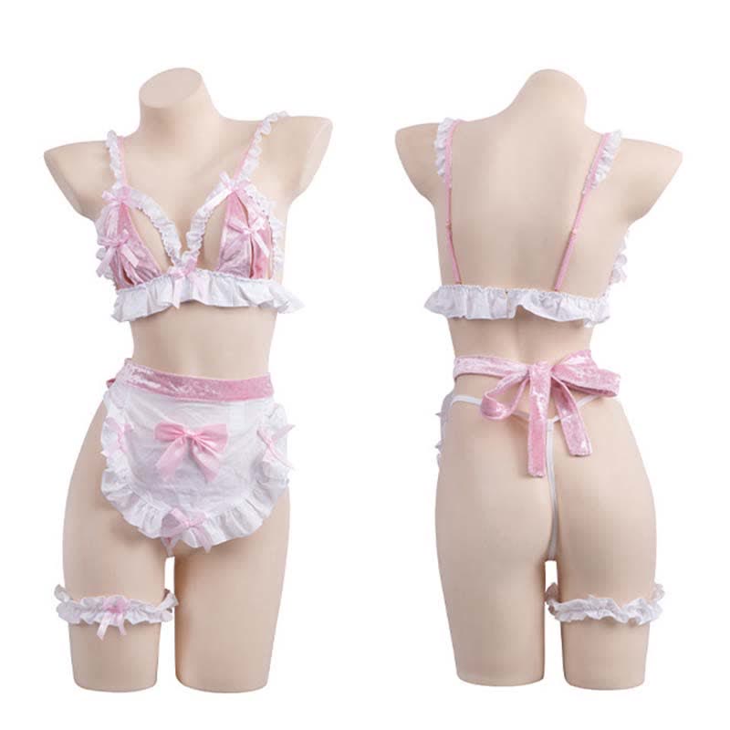 Pink Maid Bow Knot Lace Hollow Out Bikini Lingerie Modakawa