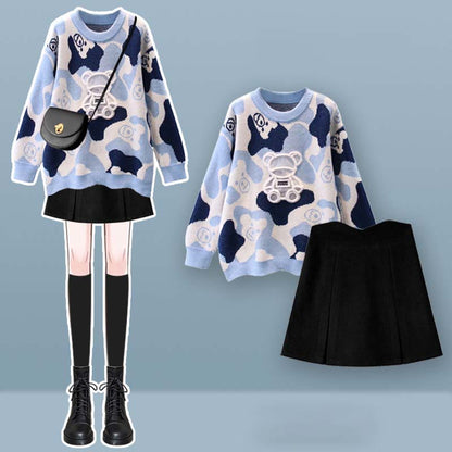 Cartoon Bear Print Sweater Split Skirt Set modakawa