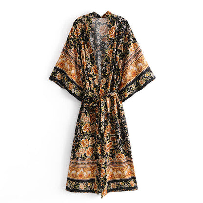 Boho Beach Print Belt Robe Long Cardigan Outerwear modakawa