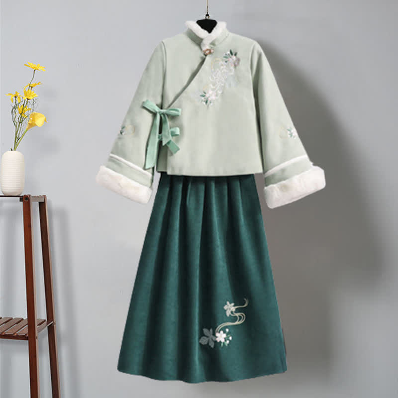 Green Floral Bow Knot Coat Pleated Skirt Vintage Set Modakawa