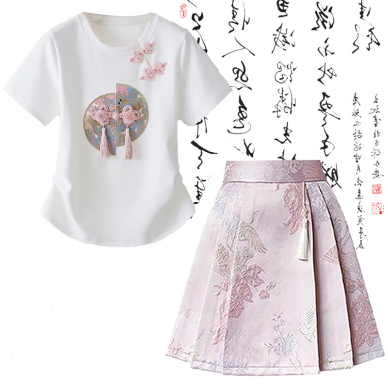 Sweet Print T-Shirt High Waist Pleated Skirt modakawa