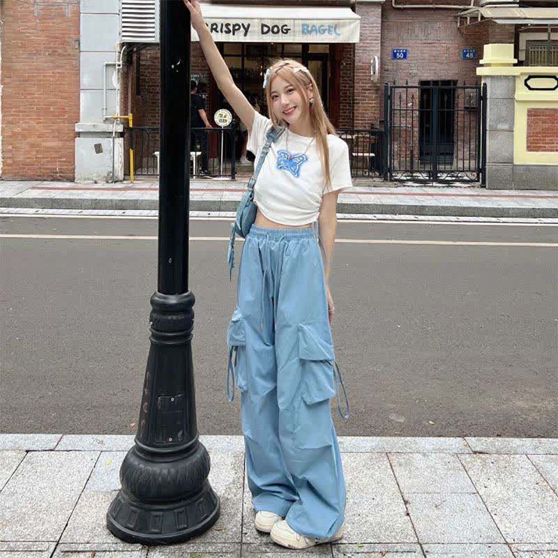 Butterfly Print Draw String T-Shirt Pocketed Cargo Pants modakawa