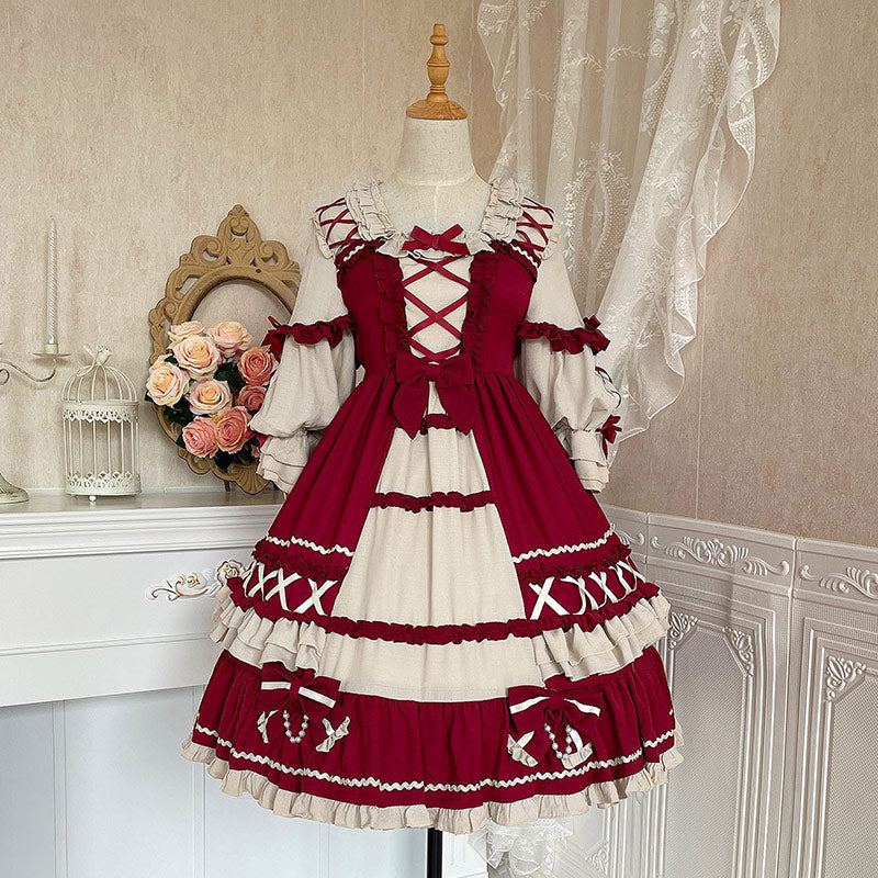 Red Bow Knot Decor Lace Up Lolita Dress modakawa