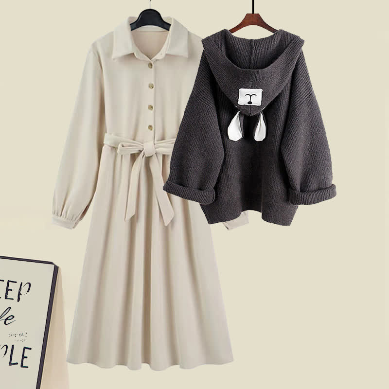 Bear Ears Hooded Cardigan Sweater Belted Lapel Dress modakawa