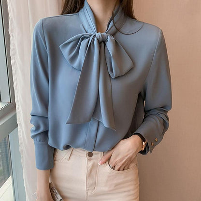 Elegant Stand-Up Collar Bow Loose Shirt Modakawa