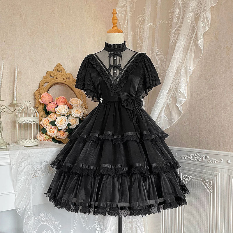 Elegant High Collar Lace Bow Knot Lolita Dress modakawa