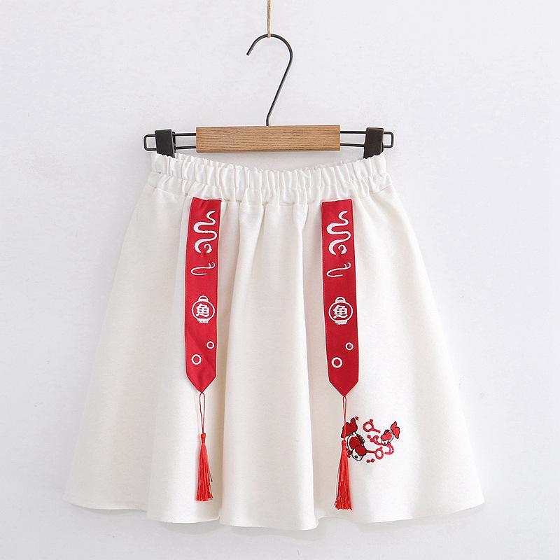 Fish Embroidery Tassels A-line Skirt Modakawa