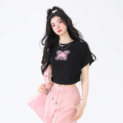 Butterfly Print Draw String T-Shirt Pocketed Cargo Pants modakawa