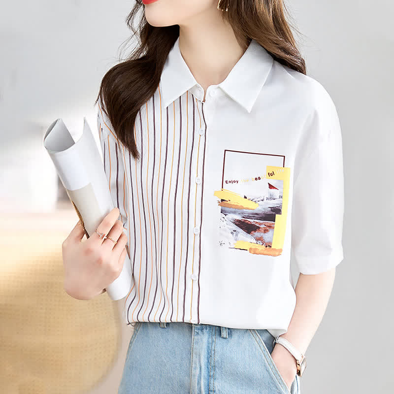 Sweet Irregular Stripe Chiffon Lapel Shirt modakawa