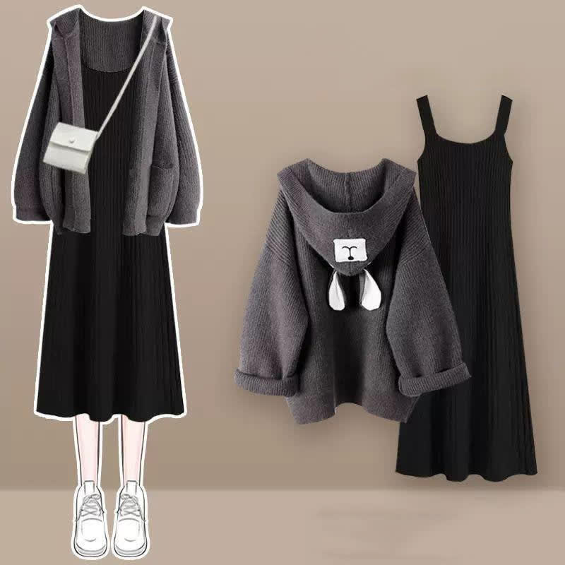 Bear Ears Hooded Cardigan Sweater Slip Dress Set modakawa