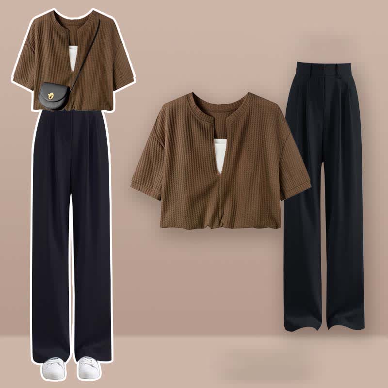 Fake Two Pieces Crop Top T-Shirt Casual Pants Set modakawa