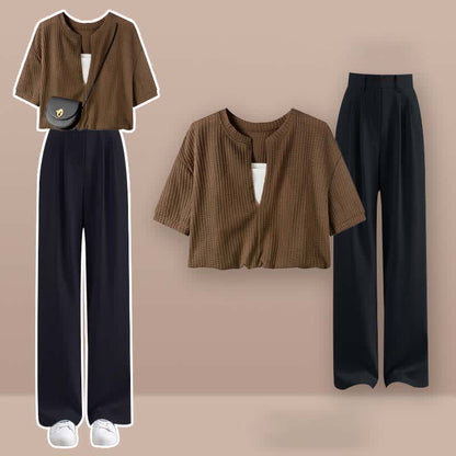 Fake Two Pieces Crop Top T-Shirt Casual Pants Set modakawa