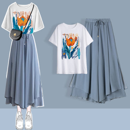 Sweet Printed T-Shirt Chiffon Split Wide Leg Pants Set modakawa