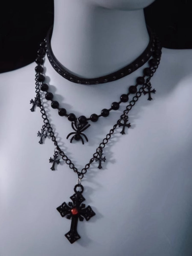 Spider Cross Pendant Black Triple Layered Necklace mySite