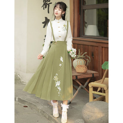 Buckle Floral Embroidery Green Dress Set modakawa