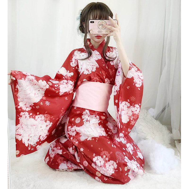 Vintage Cat Sakura Print Kimono Dress Modakawa