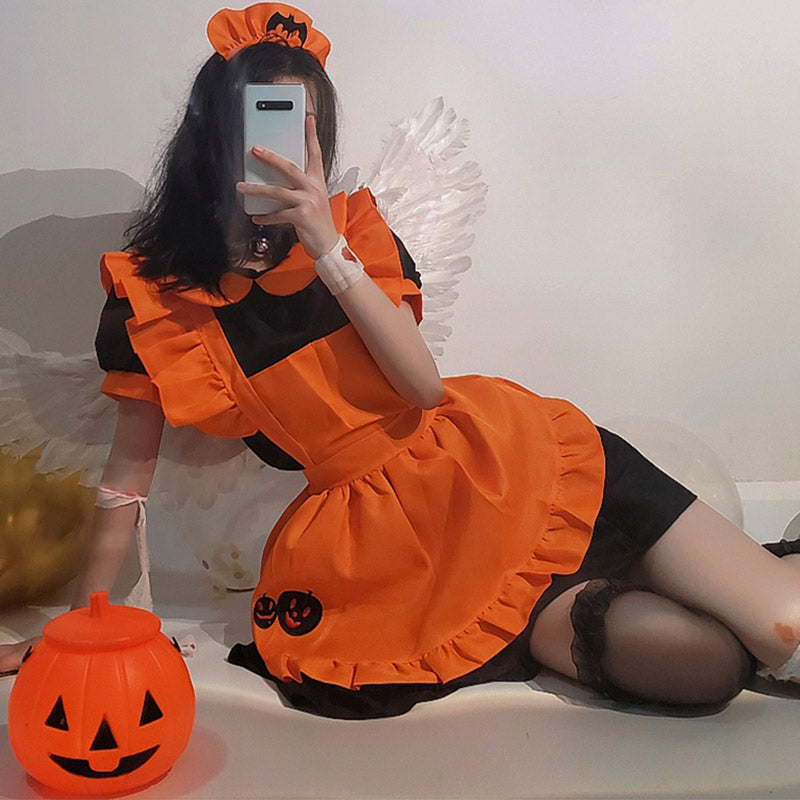 Kawaii Pumpkin Bat Embroidery Doll Collar Maid Dress Modakawa